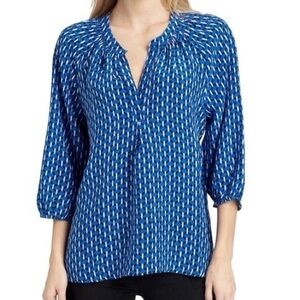 Joie Blouse Top Women’s Medium Blue 100% Silk Geometric Print 3/4 Balloon Sleeve